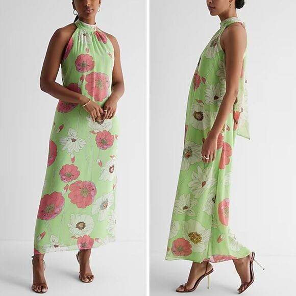 New! Express Floral Print Tie Halter Neck Open Back Maxi Dress, size L - Picture 4 of 16